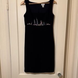 Ann Taylor Loft size 2 Elegant Black Dress with Pink lavender white l Embroidery